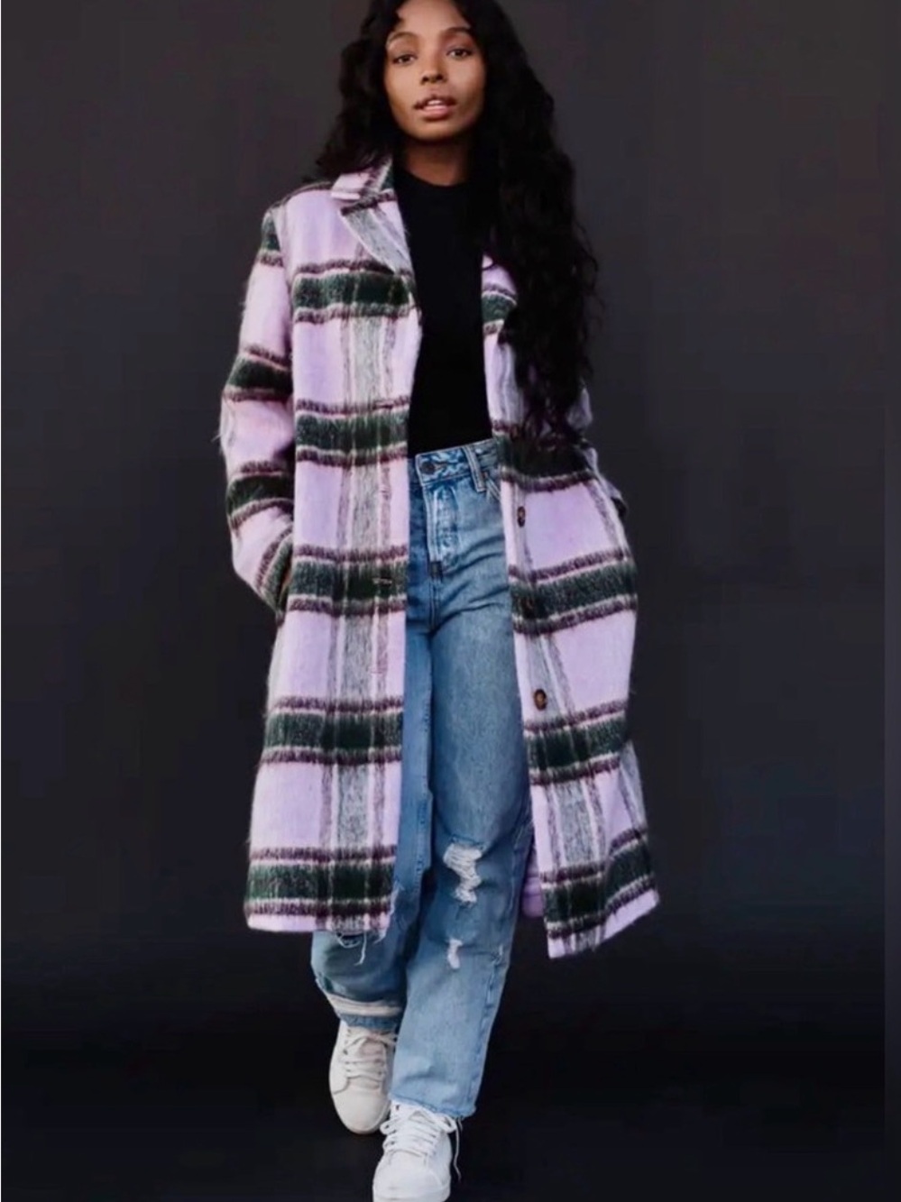 Panache Apparel Knee Length Plaid Lavender & Green Coat - Size Large
